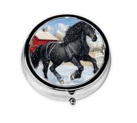 Round Pill Box, Mini Metal Pill Case for Pocket Purse, Horse Winter Christmas Snow Small Pill Organizer for Travel, 3 Compartment Pill Holder with Push Button