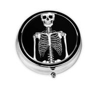 Round Pill Box, Mini Metal Pill Case for Pocket Purse, Human Skull Skeleton Small Pill Organizer for Travel, 3 Compartment Pill Holder with Push Button