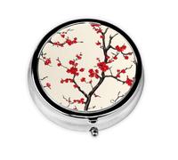 Round Pill Box, Mini Metal Pill Case for Pocket Purse, Japanese Flower Cherry Blossoms Tree Small Pill Organizer for Travel, 3 Compartment Pill Holder with Push Button