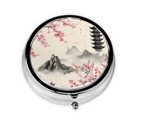 Round Pill Box, Mini Metal Pill Case for Pocket Purse, Japanese Landscape Cherry Blossoms Small Pill Organizer for Travel, 3 Compartment Pill Holder with Push Button