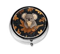 Round Pill Box, Mini Metal Pill Case for Pocket Purse, Koala Oak Leaves Pattern Small Pill Organizer for Travel, 3 Compartment Pill Holder with Push Button