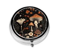 Round Pill Box, Mini Metal Pill Case for Pocket Purse, Mushrooms Butterfly Plants Flower Small Pill Organizer for Travel, 3 Compartment Pill Holder with Push Button