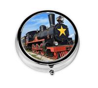 Round Pill Box, Mini Metal Pill Case for Pocket Purse, Old Black Steam Locomotive Small Pill Organizer for Travel, 3 Compartment Pill Holder with Push Button