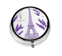 Round Pill Box, Mini Metal Pill Case for Pocket Purse, Paris Eiffel Tower Lavender Small Pill Organizer for Travel, 3 Compartment Pill Holder with Push Button