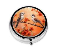 Round Pill Box, Mini Metal Pill Case for Pocket Purse, Red Flowers Birds On Branch Small Pill Organizer for Travel, 3 Compartment Pill Holder with Push Button