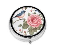 Round Pill Box, Mini Metal Pill Case for Pocket Purse, Rose Flowers Birds Small Pill Organizer for Travel, 3 Compartment Pill Holder with Push Button