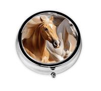 Round Pill Box, Mini Metal Pill Case for Pocket Purse, Running Horse Oil Painting Small Pill Organizer for Travel, 3 Compartment Pill Holder with Push Button