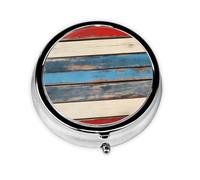 Round Pill Box, Mini Metal Pill Case for Pocket Purse, Rustic Colorful Wood Planks Small Pill Organizer for Travel, 3 Compartment Pill Holder with Push Button