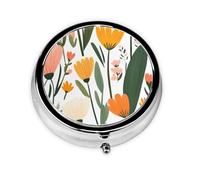Round Pill Box, Mini Metal Pill Case for Pocket Purse, Spring Flower Plants Small Pill Organizer for Travel, 3 Compartment Pill Holder with Push Button