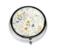 Round Pill Box, Mini Metal Pill Case for Pocket Purse, Spring Wildflowers Herbs Butterfly Small Pill Organizer for Travel, 3 Compartment Pill Holder with Push Button