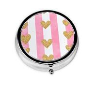 Round Pill Box, Mini Metal Pill Case for Pocket Purse, Stripe Gold Heart Small Pill Organizer for Travel, 3 Compartment Pill Holder with Push Button