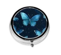 Round Pill Box, Mini Metal Pill Case for Pocket Purse, Summer Blue Butterfly Pattern Small Pill Organizer for Travel, 3 Compartment Pill Holder with Push Button