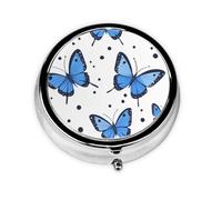 Round Pill Box, Mini Metal Pill Case for Pocket Purse, Suumer Blue Butterfly Patterns Small Pill Organizer for Travel, 3 Compartment Pill Holder with Push Button
