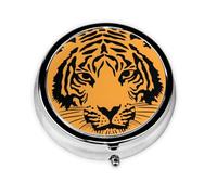 Round Pill Box, Mini Metal Pill Case for Pocket Purse, Tiger Stripe Pattern Orange Small Pill Organizer for Travel, 3 Compartment Pill Holder with Push Button