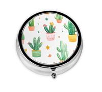 Round Pill Box, Mini Metal Pill Case for Pocket Purse, Tropical Cactus Plants Tree Small Pill Organizer for Travel, 3 Compartment Pill Holder with Push Button