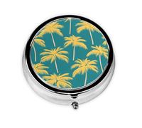 Round Pill Box, Mini Metal Pill Case for Pocket Purse, Tropical Palm Tree Pattern Small Pill Organizer for Travel, 3 Compartment Pill Holder with Push Button