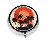 Round Pill Box, Mini Metal Pill Case for Pocket Purse, Tropical Palm Trees Sunset Small Pill Organizer for Travel, 3 Compartment Pill Holder with Push Button