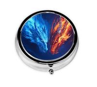 Round Pill Box, Mini Metal Pill Case for Pocket Purse, Two Dragons Flames Fire Small Pill Organizer for Travel, 3 Compartment Pill Holder with Push Button