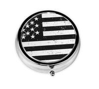 Round Pill Box, Mini Metal Pill Case for Pocket Purse, Vintage American Flag Small Pill Organizer for Travel, 3 Compartment Pill Holder with Push Button