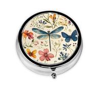Round Pill Box, Mini Metal Pill Case for Pocket Purse, Vintage Botanical Dragonfly Flowers Small Pill Organizer for Travel, 3 Compartment Pill Holder with Push Button