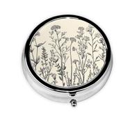 Round Pill Box, Mini Metal Pill Case for Pocket Purse, Vintage Flower Herbs Plants Small Pill Organizer for Travel, 3 Compartment Pill Holder with Push Button