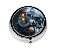Round Pill Box, Mini Metal Pill Case for Pocket Purse, Vintage Steam Train Small Pill Organizer for Travel, 3 Compartment Pill Holder with Push Button
