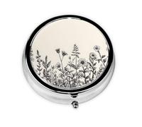 Round Pill Box, Mini Metal Pill Case for Pocket Purse, Vintage Wildflower Herbs Spring Small Pill Organizer for Travel, 3 Compartment Pill Holder with Push Button
