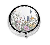 Round Pill Box, Mini Metal Pill Case for Pocket Purse, Vintage Wildflower Plants Herbs Small Pill Organizer for Travel, 3 Compartment Pill Holder with Push Button