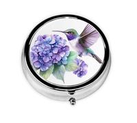 Round Pill Box, Mini Metal Pill Case for Pocket Purse, Watercolor Hummingbird Purple Hydrangea Small Pill Organizer for Travel, 3 Compartment Pill Holder with Push Button