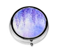 Round Pill Box, Mini Metal Pill Case for Pocket Purse, Watercolor Lavender Purple Flower Small Pill Organizer for Travel, 3 Compartment Pill Holder with Push Button