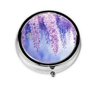 Round Pill Box, Mini Metal Pill Case for Pocket Purse, Watercolor Lavender Purple Flowers Small Pill Organizer for Travel, 3 Compartment Pill Holder with Push Button
