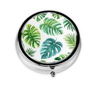 Round Pill Box, Mini Metal Pill Case for Pocket Purse, Watercolor Tropical Palm Leaves Small Pill Organizer for Travel, 3 Compartment Pill Holder with Push Button
