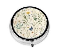 Round Pill Box, Mini Metal Pill Case for Pocket Purse, Wildflowers Herbs Butterfly Small Pill Organizer for Travel, 3 Compartment Pill Holder with Push Button