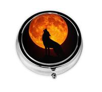 Round Pill Box, Mini Metal Pill Case for Pocket Purse, Wolf Howling At The Moon Small Pill Organizer for Travel, 3 Compartment Pill Holder with Push Button