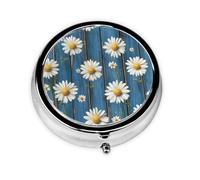 Round Pill Box, Mini Metal Pill Case for Pocket Purse, Wooden Flower Daisy Small Pill Organizer for Travel, 3 Compartment Pill Holder with Push Button