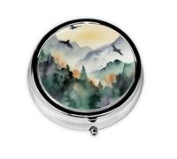Round Pill Box Mountain Birds Watercolor Pill Case for Purse & Pocket 3 Compartment Pill Organizer Portable Travel Pillbox Medicine Pill Holder Container for Daily Vitamin Cod Liver Oil Storage