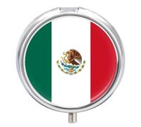 Round Pill Box, Novelty Mexico Flag Printing Small Travel Pill Case with Mirror Portable Decorative Metal Medicine Container Vitamin Organizer for Purse Pocket