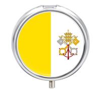 Round Pill Box, Novelty Vatican City State Flag Printing Small Travel Pill Case with Mirror Portable Metal Medicine Container Vitamin Organizer for Purse Pocket
