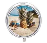 Round Pill Box Pineapple Fruit Sunglasses Sand Beach Pill Case for Purse & Pocket 3 Compartment Medicine Pill Organizer Portable Travel Pillbox Medicine Vitamin Cod Liver Oil Storage Box