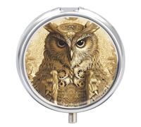 Round Pill Box Portable Holder Organizer Pill Case Mini Metal Medicine Box Owl Pattern Printed Medicine Pill Dispenser Three Compartments for Pocket Or Purse