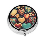 Round Pill Box, Printed Colorful Hearts with Patterns, Divided into Three compartments, Easy to Store and Carry