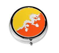 Round Pill Box, Printed Flag of The Kingdom of Bhutan with Patterns, Divided into Three compartments, Easy to Store and Carry