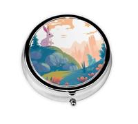 Round Pill Box Rabbit and Landscape Pill Case for Purse & Pocket 3 Compartment Pill Organizer Portable Travel Pillbox Medicine Pill Holder Container for Daily Vitamin Cod Liver Oil Storage