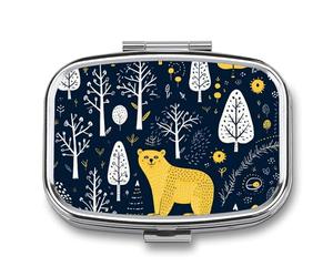 Round Pill Box Trees and Bears Pill Case for Purse & Pocket 2 Compartment Medicine Pill Organizer Portable Travel Pillbox Medicine Vitamin Cod Liver Oil Storage Box