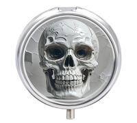 Round Pill Box White and Gray Skull Graphics Pill Case 3 Compartment Medicine Pill Organizer for Purse & Pocket Portable Travel Pillbox Medicine Vitamin Cod Liver Oil Storage Box Organizer