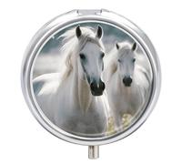 Round Pill Box White Horses Pill Case 3 Compartment Medicine Pill Organizer for Purse & Pocket Portable Travel Pillbox Medicine Vitamin Cod Liver Oil Storage Box Organizer