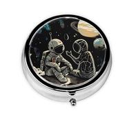 Round Pill Box with 3 Compartment Medicine Case, Portable Travel Pill Case for Pocket or Purse, Astronaut and Alien