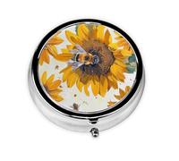 Round Pill Box with 3 Compartment Medicine Case, Portable Travel Pill Case for Pocket or Purse, Bee Sunflower