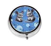 Round Pill Box with 3 Compartment Medicine Case, Portable Travel Pill Case for Pocket or Purse, Blue Chinchillas and Moon