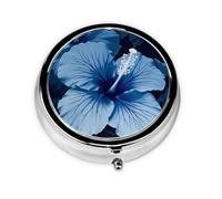 Round Pill Box with 3 Compartment Medicine Case, Portable Travel Pill Case for Pocket or Purse, Blue Hibiscus